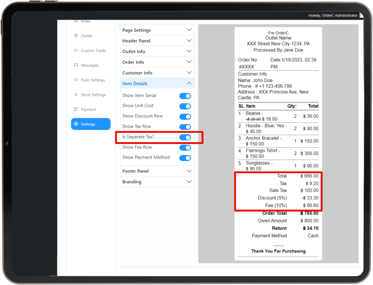 Saparate tax features for restaurant system by orderc