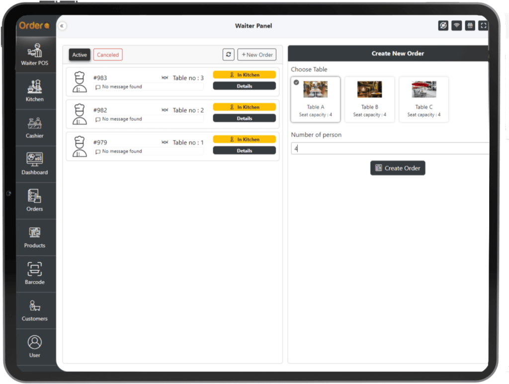 Waiter panel features for restaurant system by orderc