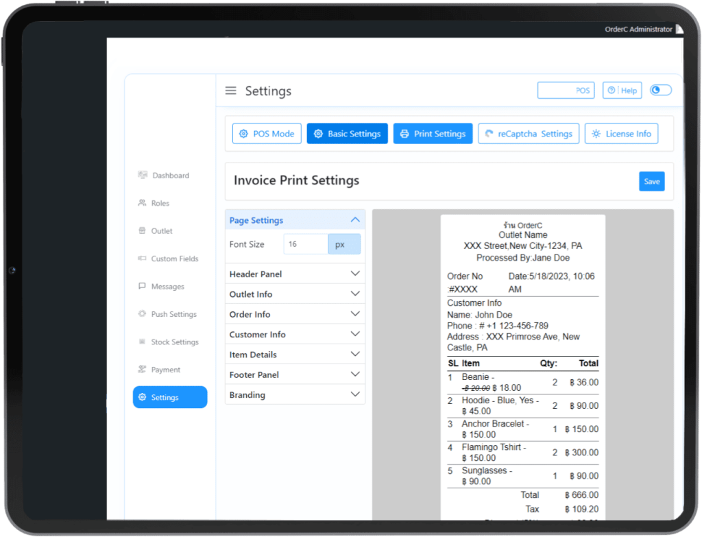 custom invoice features for restaurant system by orderc